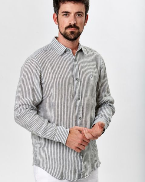 Image de Chemise lin manches longues rayée S KAKI