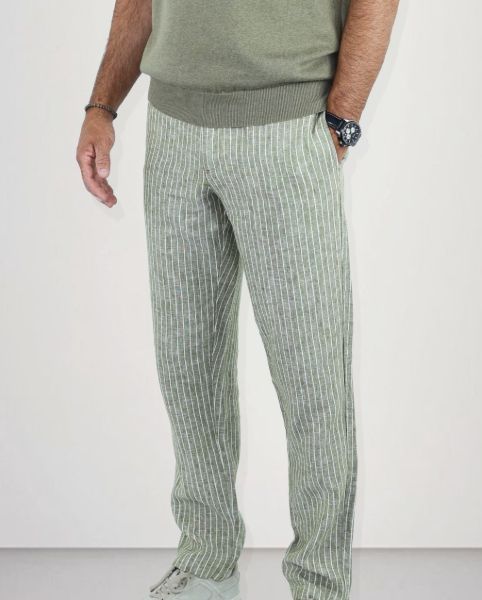 Image de Pantalon lin élastiqué à rayures 2 XL OLIVE
